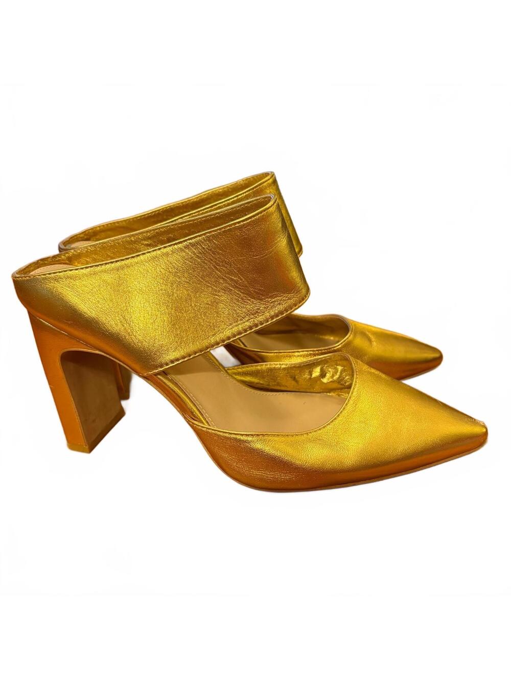 Wittner Heston Gold Leather Pointed Toe Block Heel Mules Size 39 Glam Formal